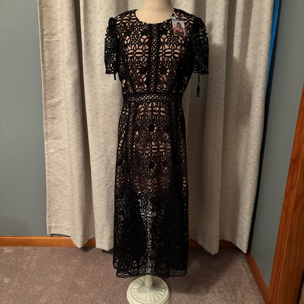 Self-Portrait Black Sheath Midi Dress Short Sleeve size 10 NWT